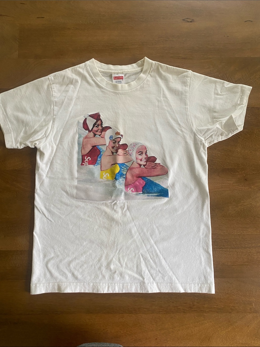 Supreme White Cotton Tee with Retro Swimmers Graphic